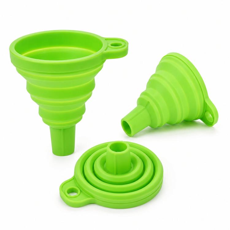 Confezione da 3 imbuti pieghevoli in silicone alimentare, portatili, telescopici, per la dispensazione di liquidi in cucina e in casa., Green