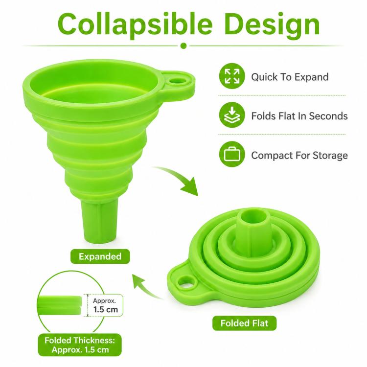 Confezione da 3 imbuti pieghevoli in silicone alimentare, portatili, telescopici, per la dispensazione di liquidi in cucina e in casa., Green