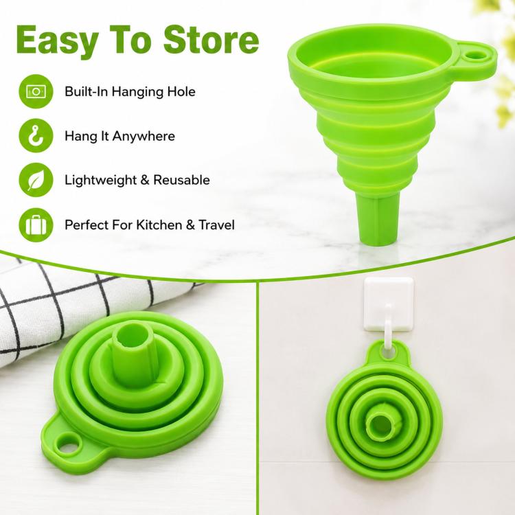 Confezione da 3 imbuti pieghevoli in silicone alimentare, portatili, telescopici, per la dispensazione di liquidi in cucina e in casa., Green