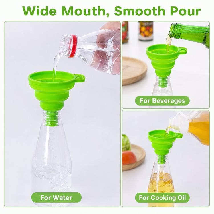 Confezione da 3 imbuti pieghevoli in silicone alimentare, portatili, telescopici, per la dispensazione di liquidi in cucina e in casa., Green