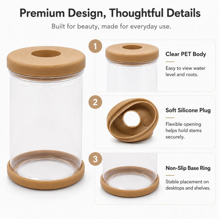 Vaso idroponico in plastica PET trasparente autoirrigante con tappo in silicone morbido e base antiscivolo, vaso da scrivania infrangibile e mini acquario per Pothos, edera ed erbe aromatiche.