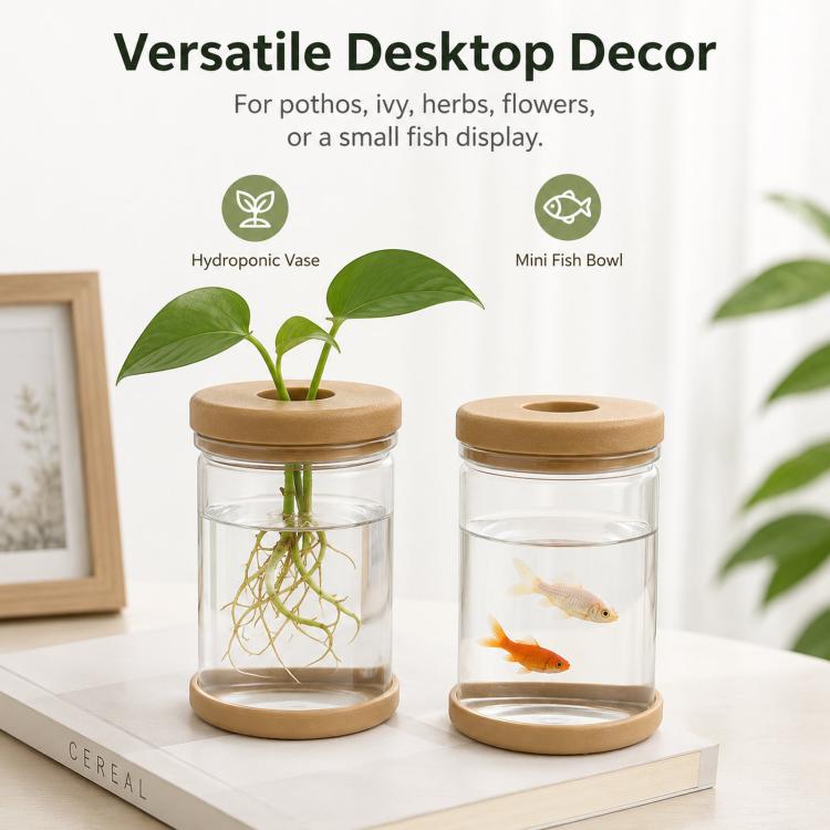 Vaso idroponico in plastica PET trasparente autoirrigante con tappo in silicone morbido e base antiscivolo, vaso da scrivania infrangibile e mini acquario per Pothos, edera ed erbe aromatiche.