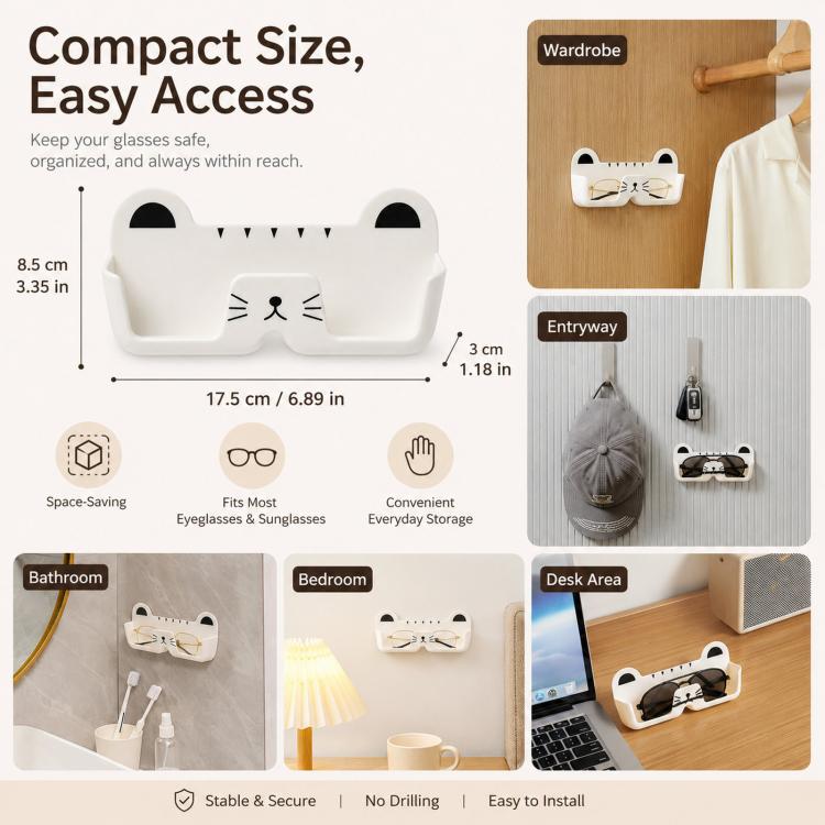 Simpatico portaocchiali da parete a forma di gatto, adesivo senza fori, organizer per occhiali da vista, scatola salvaspazio per occhiali da sole per comodino, armadio, toeletta, auto