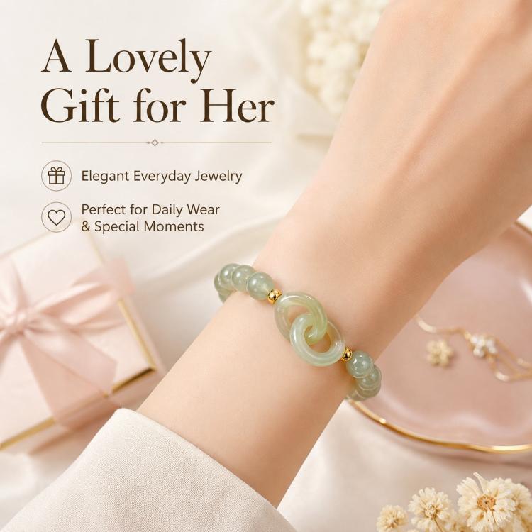 Bracciale con perline di giada sintetica, elegante gioiello con pietre preziose in vetro verde, regalo per donna.