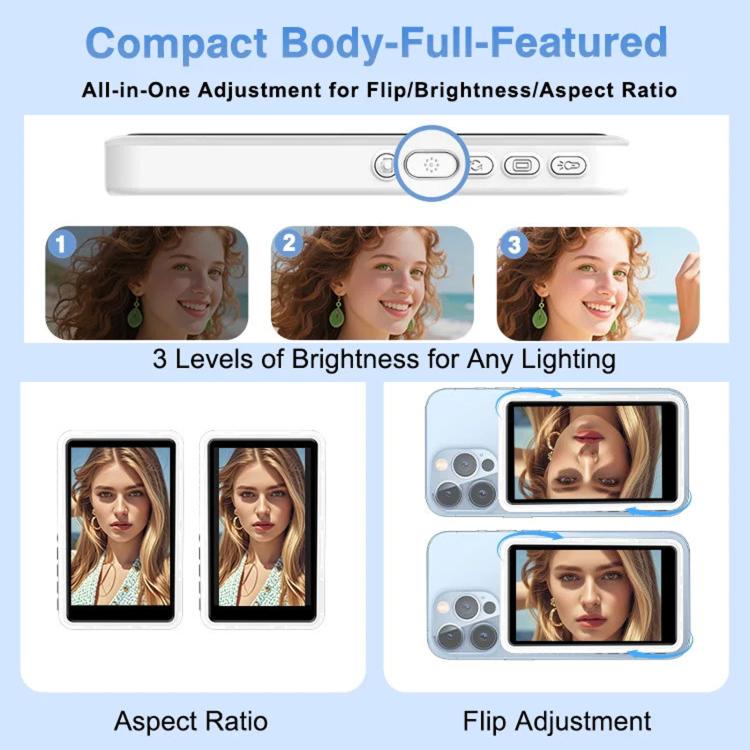 Dispositivo wireless per la duplicazione dello schermo posteriore dello smartphone con luce di riempimento, Bluetooth per esterni, display magnetico per selfie