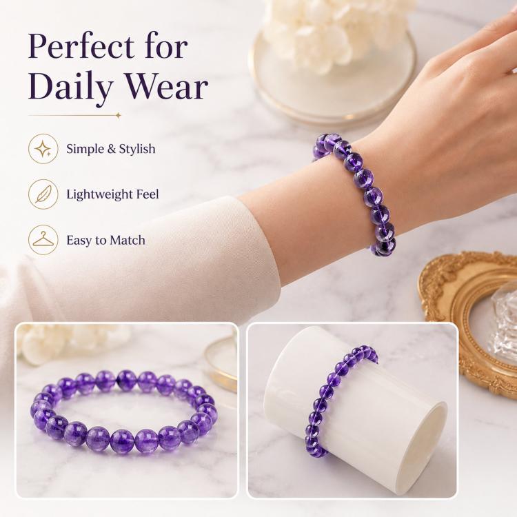 Bracciale con perline di ametista naturale, pietra curativa viola, bracciale elastico, gioiello con gemma per meditazione spirituale e consapevole, regalo ideale.
