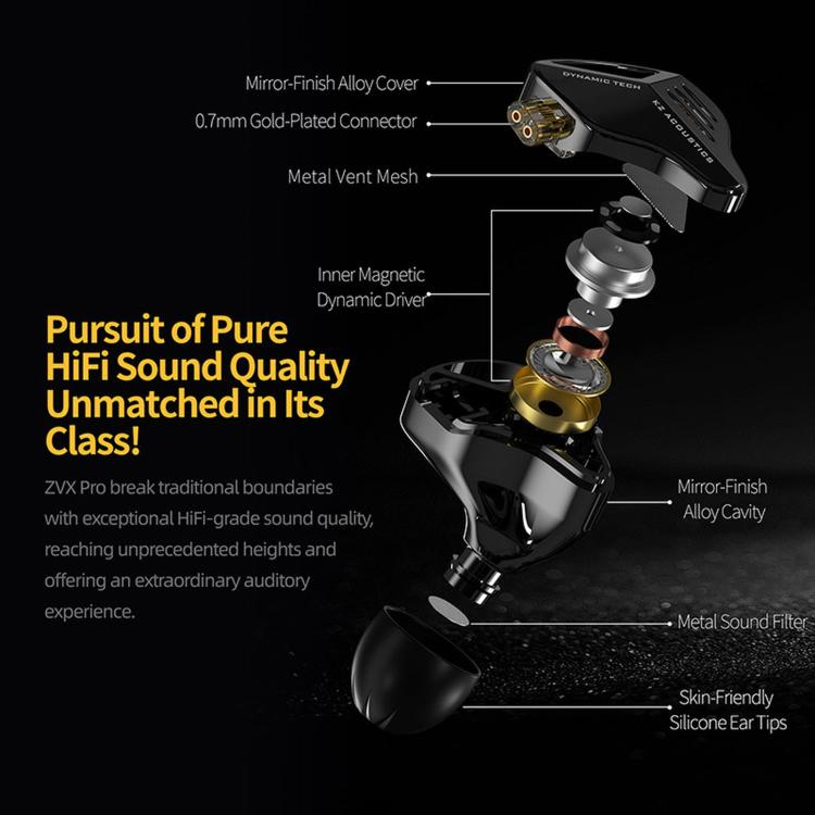 Auricolari in-ear dinamici KZ ZVX PRO con cavo da 1,2 m, bassi profondi e audio Hi-Fi per monitoraggio., Standard, With Mic