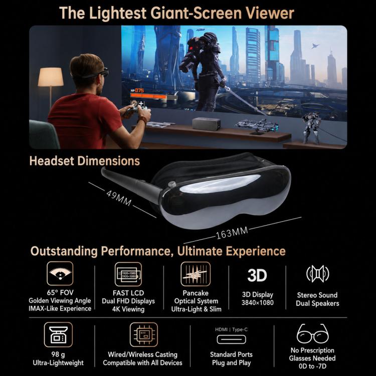 Visore VR intelligente 4K Ultra HD con proiezione 3D da 1.000 pollici, visore da gioco universale, WIFI Orange, WIFI Black, DP Orange, DP Black, WIFI Orange+TX Cable, WIFI Black+TX Cable, DP Orange+HDMI To DP cable, DP Black+HDMI To DP cable