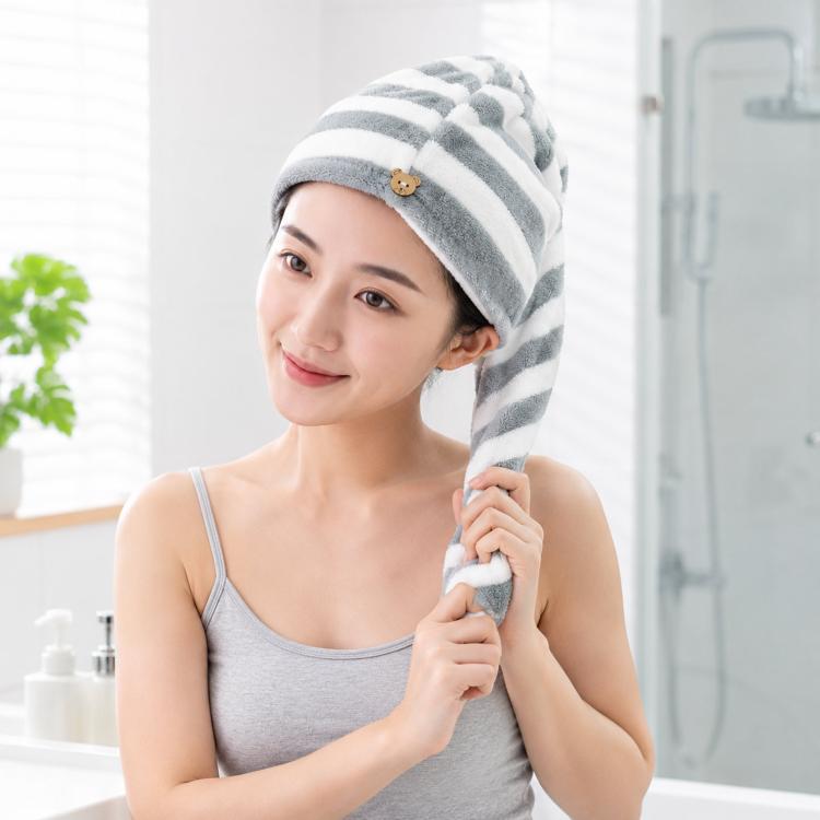 Asciugamano in microfibra per capelli bagnati, a righe, ad asciugatura rapida, turbante con simpatico bottone a forma di orsetto, cuffia da doccia ultra assorbente anti-crespo per capelli lunghi e ricci, 25x65cm