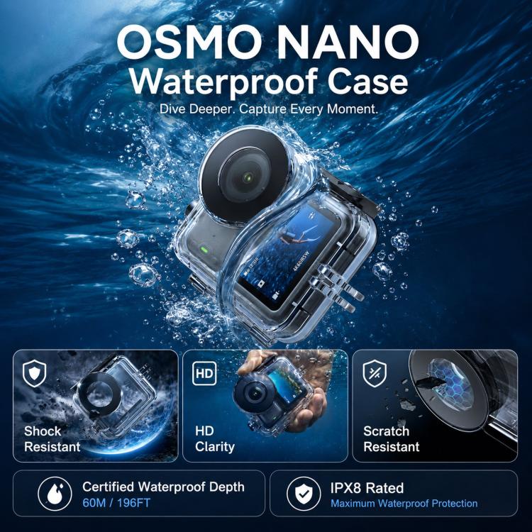 Custodia impermeabile TELESIN 60m per DJI Osmo Nano IPX8, custodia subacquea antiappannamento per action camera.