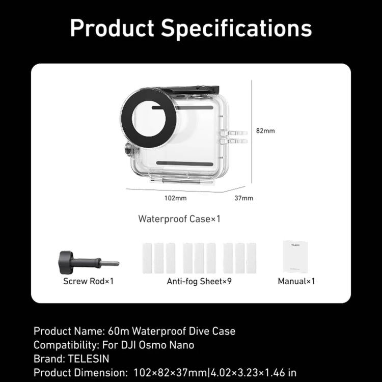 Custodia impermeabile TELESIN 60m per DJI Osmo Nano IPX8, custodia subacquea antiappannamento per action camera.