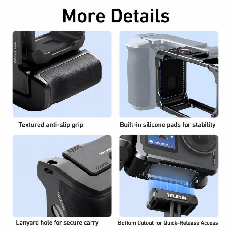 Per DJI Action 6 TELESIN Set di impugnature per fotografia di strada Gabbia per fotocamera in lega di alluminio Impugnatura manuale, For DJI Action 6