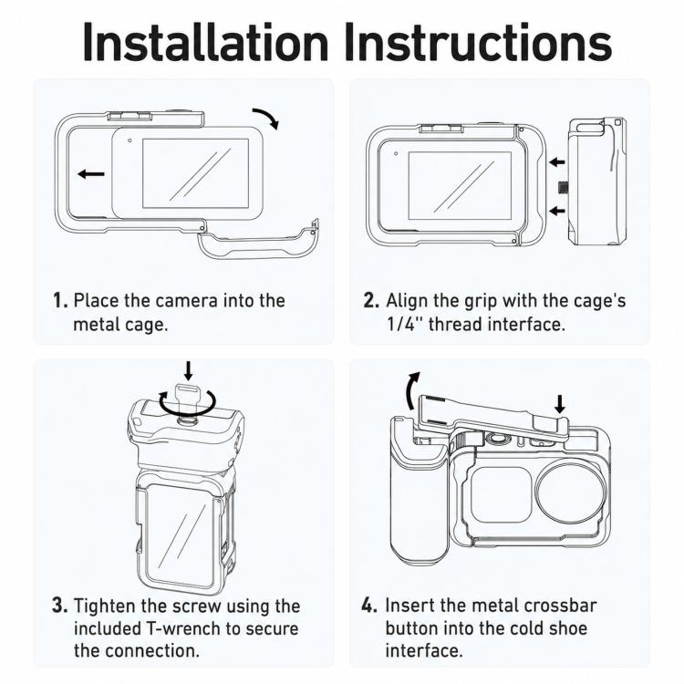 Per DJI Action 6 TELESIN Set di impugnature per fotografia di strada Gabbia per fotocamera in lega di alluminio Impugnatura manuale, For DJI Action 6