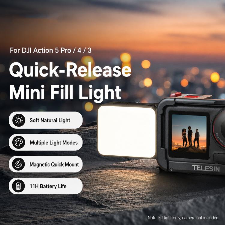 Per DJI Action 5 Pro/4/3 TELESIN Mini luce di riempimento per vlog a sgancio rapido, impermeabile IPX5, luce video a LED magnetica con 3 temperature di colore, For DJI Action 5 Pro/4/3