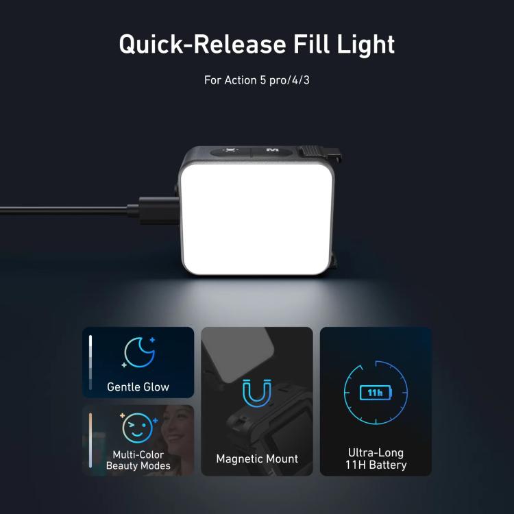 Per DJI Action 5 Pro/4/3 TELESIN Mini luce di riempimento per vlog a sgancio rapido, impermeabile IPX5, luce video a LED magnetica con 3 temperature di colore, For DJI Action 5 Pro/4/3