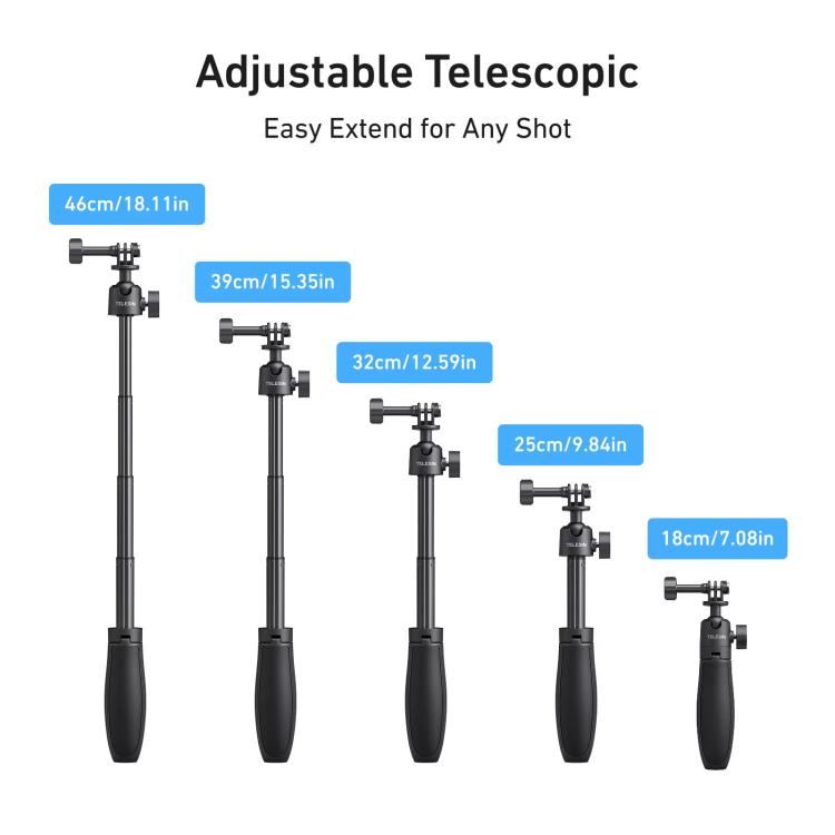 TELESIN Mini Selfie Stick Treppiede 3.0 per Action Camera Asta in alluminio estensibile da 18-46 cm con testa a sfera a 360 gradi, S1-MNP-16