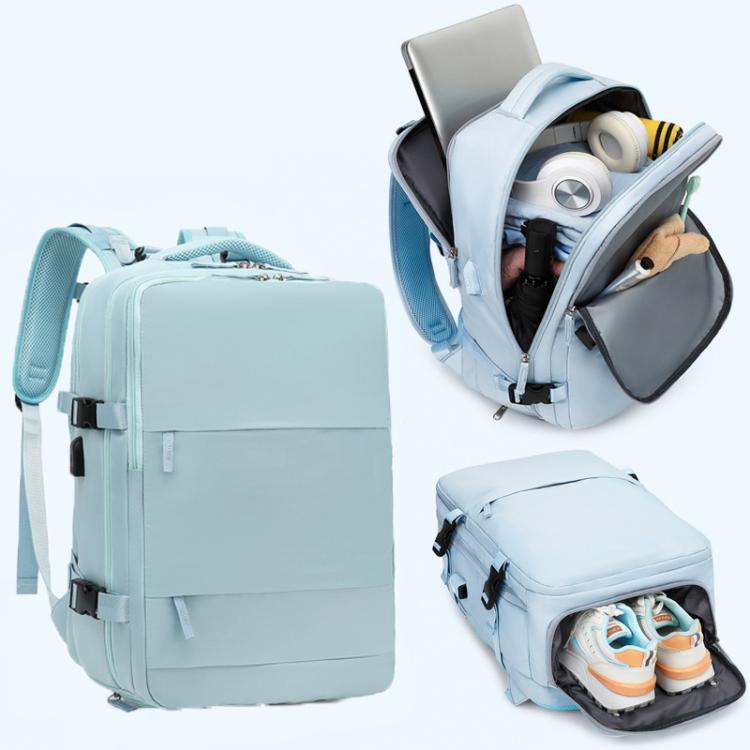 Zaino da viaggio per uomo e donna, con scomparto per laptop e porta USB, porta scarpe, separazione per indumenti bagnati/asciutti, impermeabile e di grande capacità.
