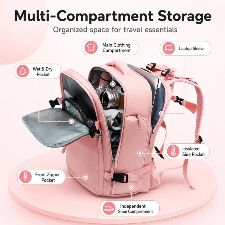 Zaino da viaggio per uomo e donna, con scomparto per laptop e porta USB, porta scarpe, separazione per indumenti bagnati/asciutti, impermeabile e di grande capacità.
