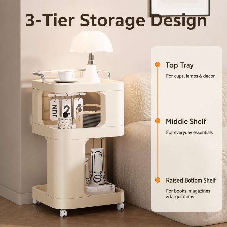 Tavolino laterale mobile con ruote, carrello multiuso a 3 ripiani con ruote, comodino con serratura., Short Type Cream, Short Type Yellow, Tall Type Cream, Tall Type Yellow