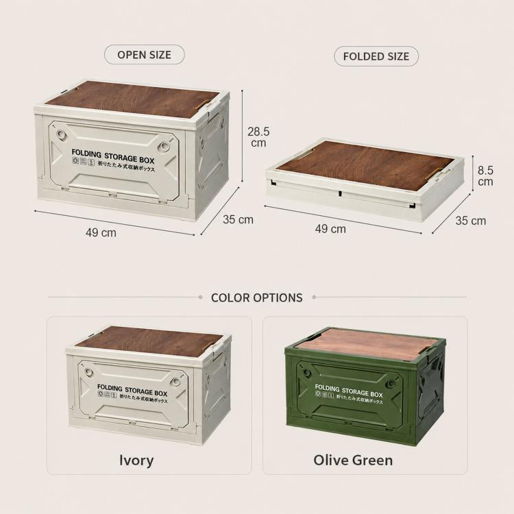 Contenitore pieghevole con coperchio in legno MDF, scatola portaoggetti pieghevole in plastica a 5 ante per campeggio e bagagliaio auto., 49 x 35 x 29cm, 41 x 29 x 24.5cm