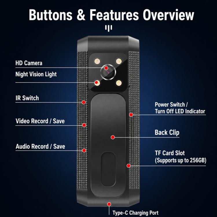 Mini videocamera indossabile 1080P con registratore vocale e video, visione notturna IR intelligente e clip., C1