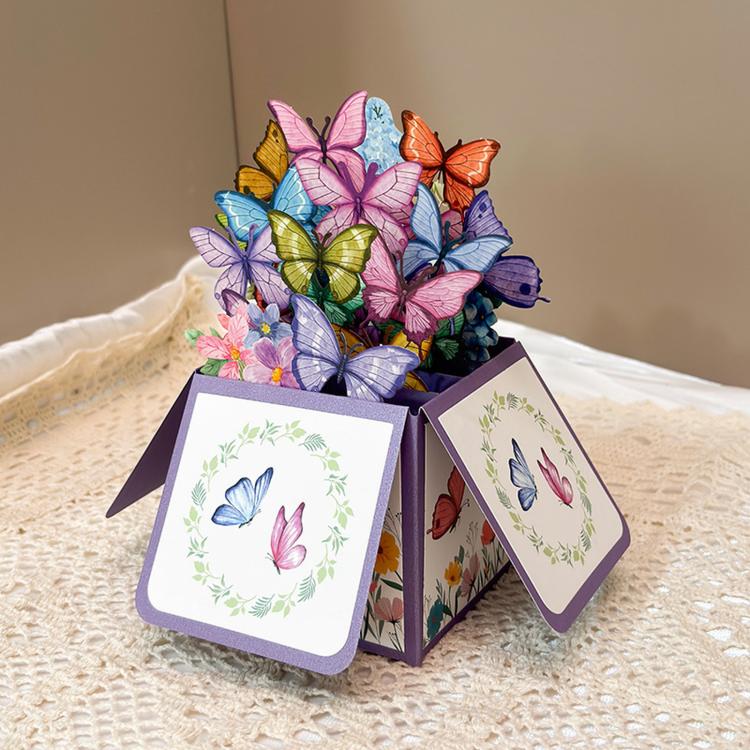 Biglietto d'auguri 3D pop-up con farfalla, biglietto di benedizione con farfalla viola
