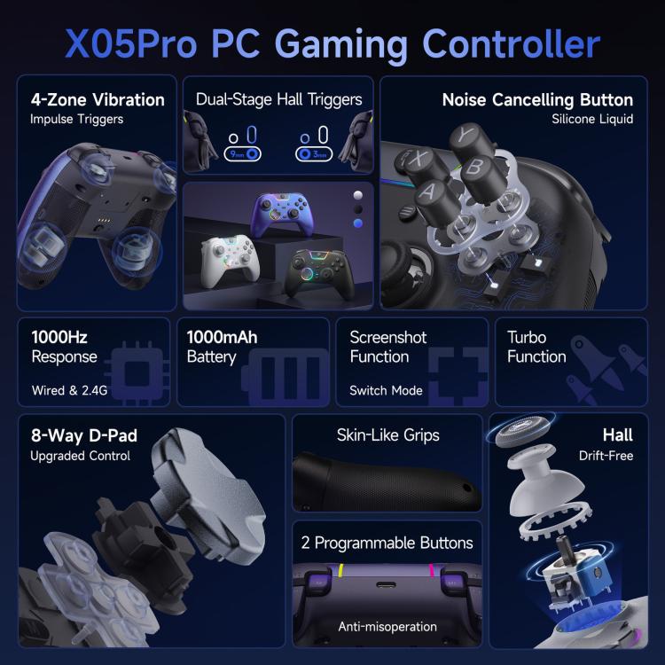 EasySMX X05Pro Controller wireless per PC: gamepad a effetto Hall a tre modalità con grilletti a doppio stadio e pulsanti silenziosi per PC e Switch, Grey White, Black, White With Charging Dock, Black With Charging Dock