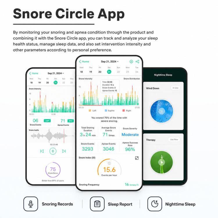 SNORE CIRCLE Dispositivo intelligente anti-russamento indossabile TENS ed EMA per bloccare il russare in gola con monitoraggio tramite app, aiuto per il sonno per adulti, YA4300