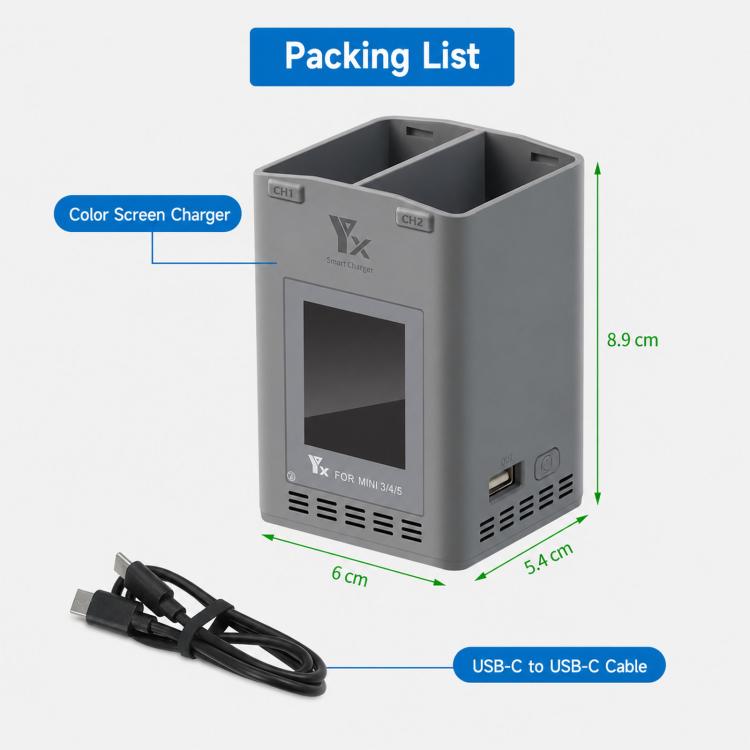 Caricabatterie doppio YX da 100 W con schermo LCD a colori per DJI Mini 5/4/3 Pro Smart Flight Battery Charging Hub, Mini Color Two-Way 100W