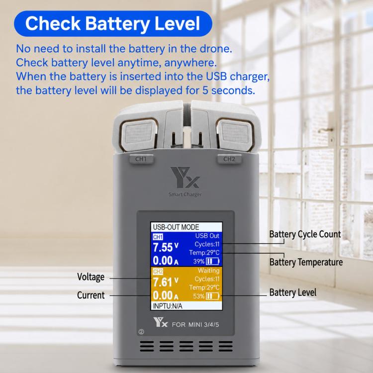Caricabatterie doppio YX da 100 W con schermo LCD a colori per DJI Mini 5/4/3 Pro Smart Flight Battery Charging Hub, Mini Color Two-Way 100W