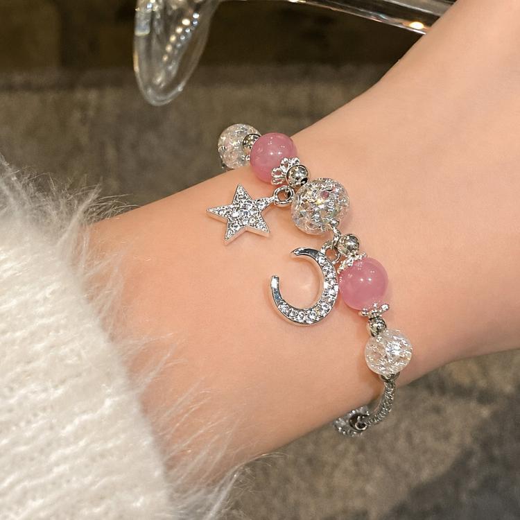 Bracciale da donna con perline di quarzo a forma di fragola, luna e stella, accessorio con frange squisito.