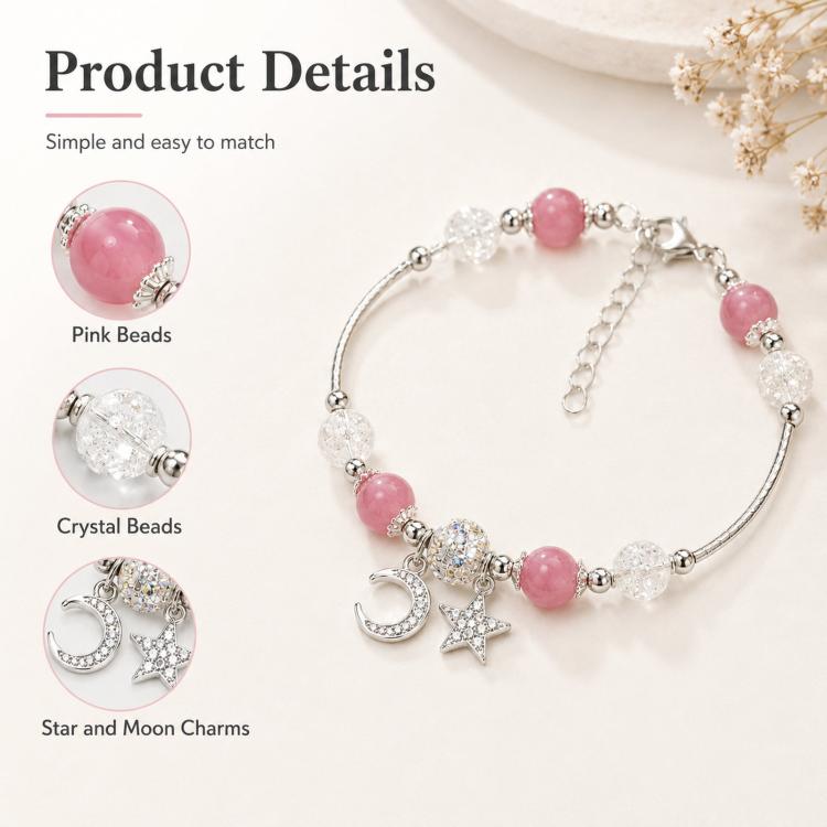 Bracciale da donna con perline di quarzo a forma di fragola, luna e stella, accessorio con frange squisito.