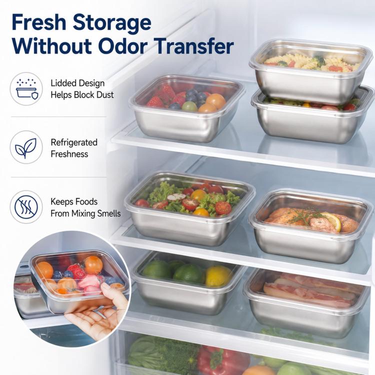 LsCook Set di 5 contenitori per alimenti in acciaio inossidabile per uso alimentare con coperchi, ideali per il frigorifero., 13.5x10.5x5 With White Lid