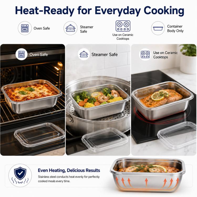 LsCook Set di 5 contenitori per alimenti in acciaio inossidabile per uso alimentare con coperchi, ideali per il frigorifero., 13.5x10.5x5 With White Lid