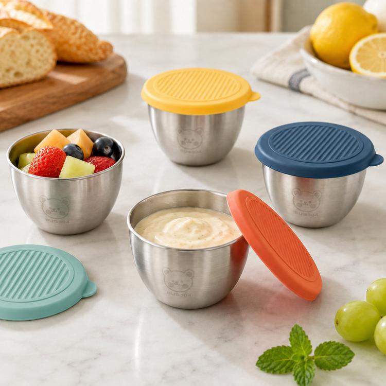 LsCook Set di 4 mini contenitori portatili per salse e condimenti in acciaio inox 304 da 80 ml con coperchio, a forma di orso.