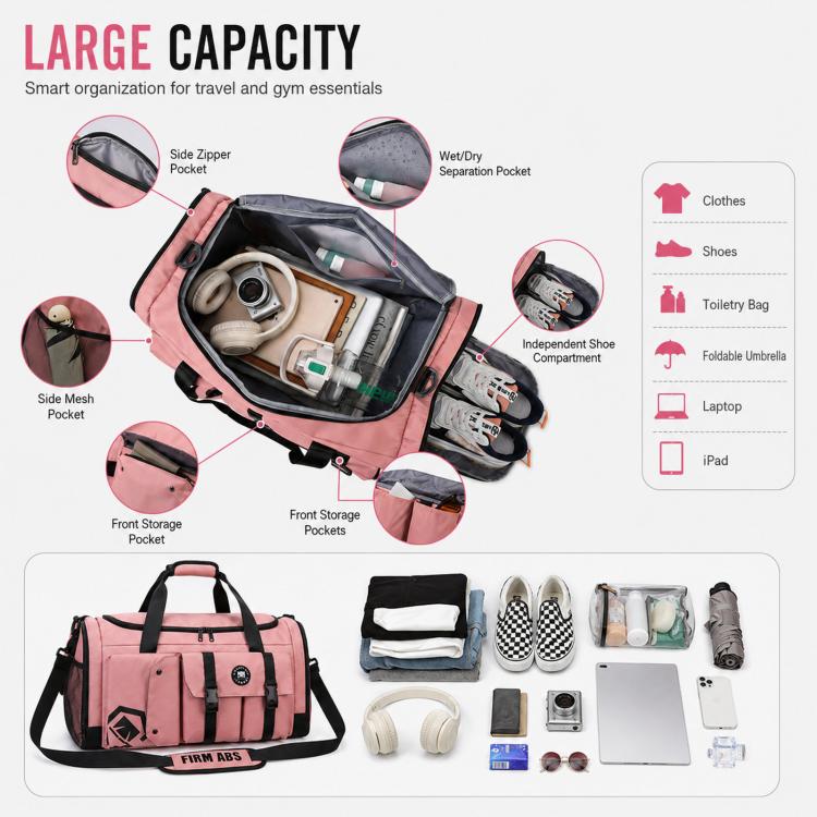 Borsa sportiva convertibile in 3 modi con scomparto per scarpe, zaino da viaggio resistente all'acqua con tasca impermeabile per uomo e donna