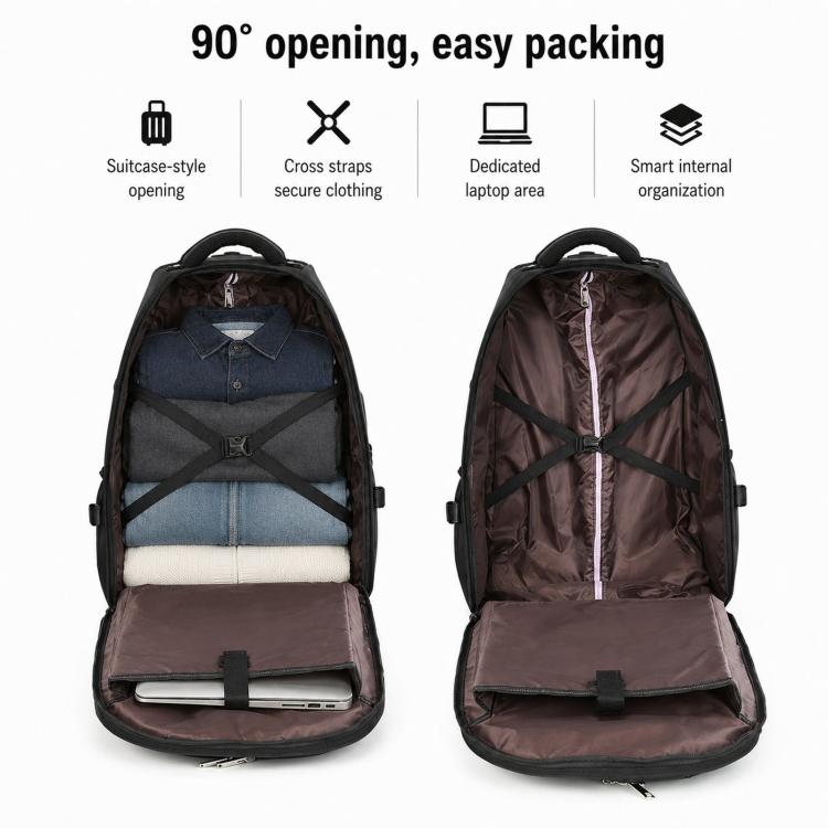Zaino con ruote da 20 pollici per viaggi, zaino per laptop con ruote e cinghie nascoste, trolley da cabina per lavoro e scuola.