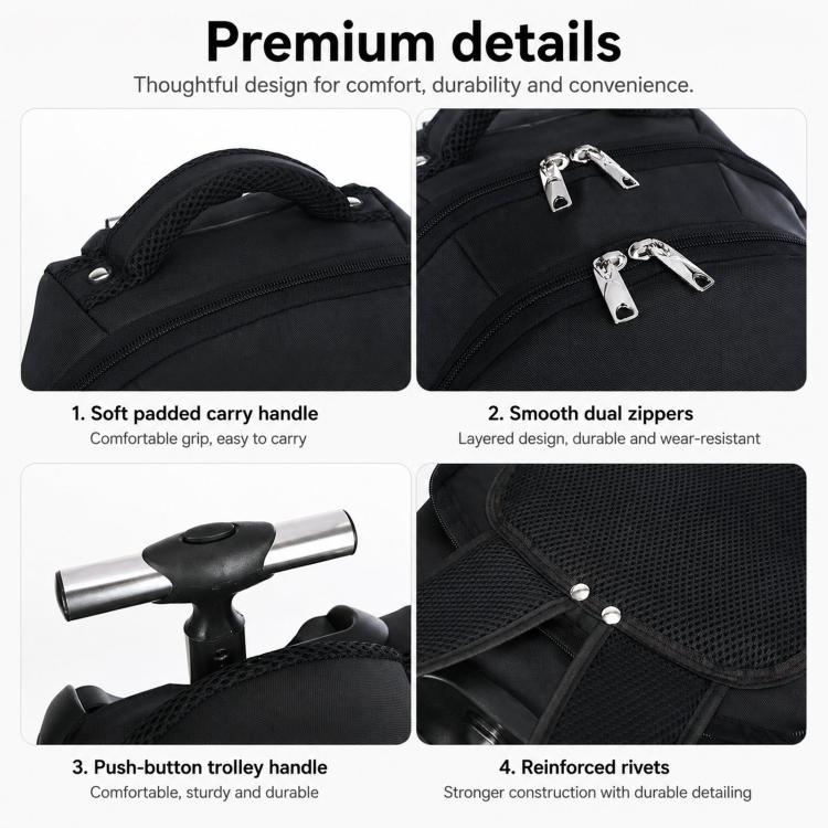 Zaino con ruote da 20 pollici per viaggi, zaino per laptop con ruote e cinghie nascoste, trolley da cabina per lavoro e scuola.