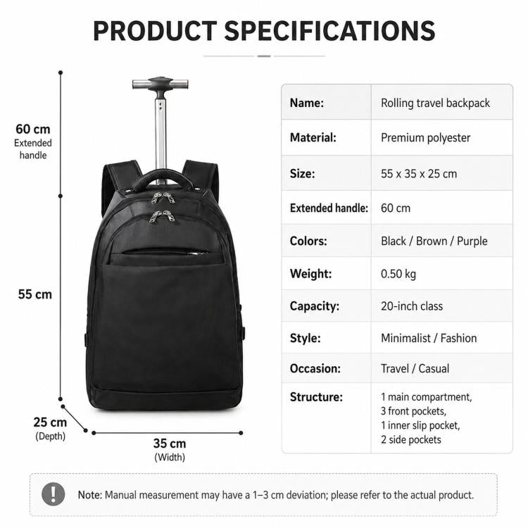 Zaino con ruote da 20 pollici per viaggi, zaino per laptop con ruote e cinghie nascoste, trolley da cabina per lavoro e scuola.