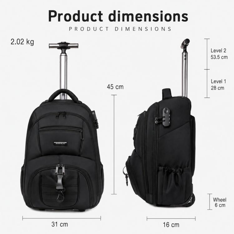 Zaino con ruote FUGUILAI da 18 pollici con lucchetto a combinazione, convertibile in zaino per laptop con ruote silenziose adatte a tutti i terreni., 8812   Black