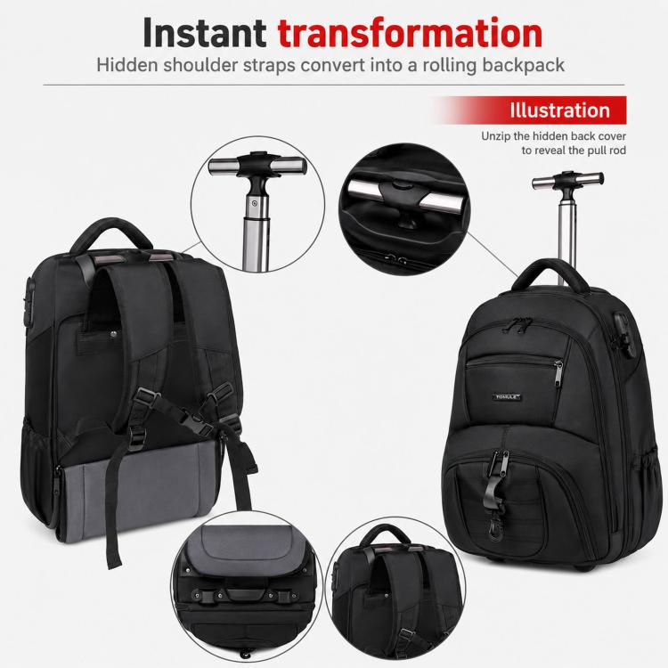 Zaino con ruote FUGUILAI da 18 pollici con lucchetto a combinazione, convertibile in zaino per laptop con ruote silenziose adatte a tutti i terreni., 8812   Black