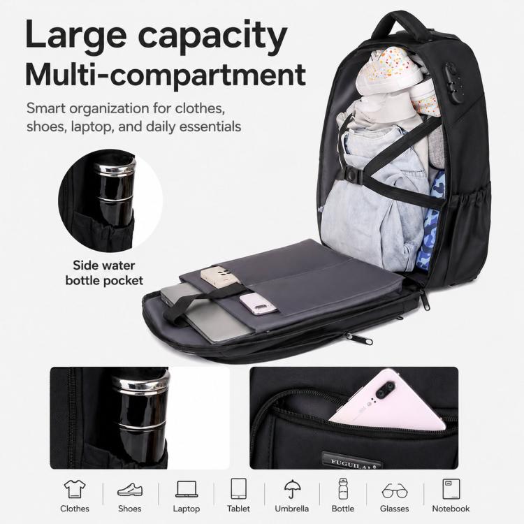 Zaino con ruote FUGUILAI da 18 pollici con lucchetto a combinazione, convertibile in zaino per laptop con ruote silenziose adatte a tutti i terreni., 8812   Black