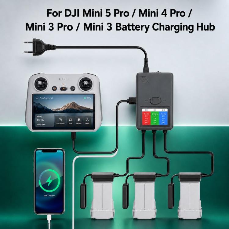 Caricabatterie intelligente YX a 3 vie con display LCD per DJI Mini 5 Pro / Mini 4 Pro / Mini 3 Pro / Mini 3 - Hub di ricarica multi-batteria, US Plug, EU Plug, UK Plug, AU Plug