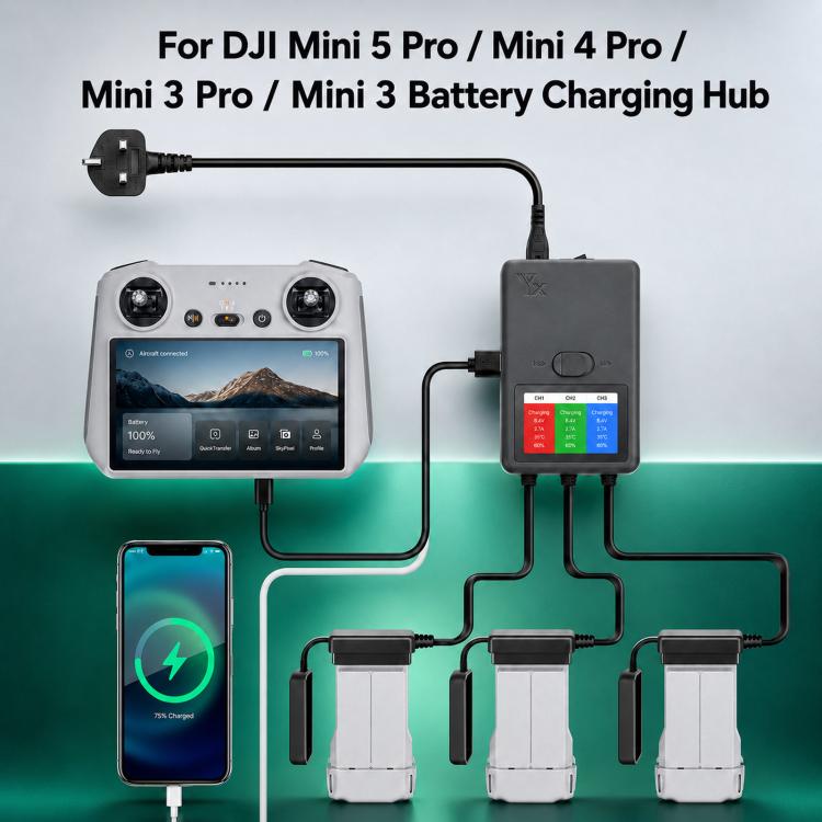 Caricabatterie intelligente YX a 3 vie con display LCD per DJI Mini 5 Pro / Mini 4 Pro / Mini 3 Pro / Mini 3 - Hub di ricarica multi-batteria, US Plug, EU Plug, UK Plug, AU Plug