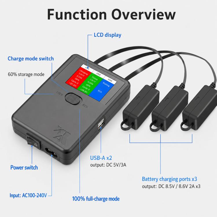 Caricabatterie intelligente YX a 3 vie con display LCD per DJI Mini 5 Pro / Mini 4 Pro / Mini 3 Pro / Mini 3 - Hub di ricarica multi-batteria, US Plug, EU Plug, UK Plug, AU Plug