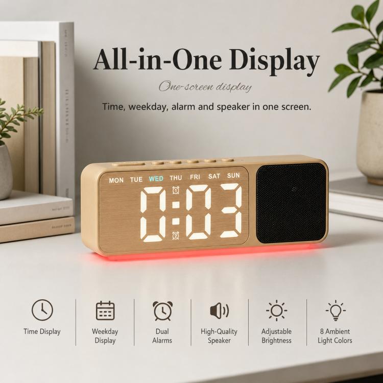 Sveglia digitale con altoparlante Bluetooth e luce notturna, ampio display a LED con data, regolazione della luminosità e doppia funzione snooze.