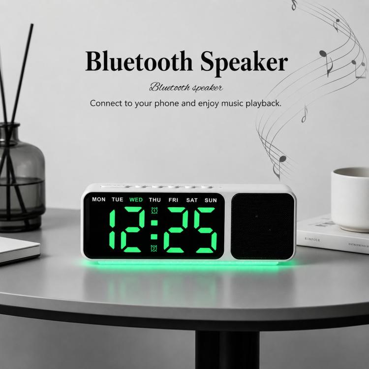 Sveglia digitale con altoparlante Bluetooth e luce notturna, ampio display a LED con data, regolazione della luminosità e doppia funzione snooze.