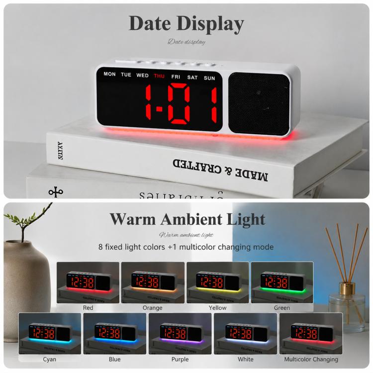 Sveglia digitale con altoparlante Bluetooth e luce notturna, ampio display a LED con data, regolazione della luminosità e doppia funzione snooze.