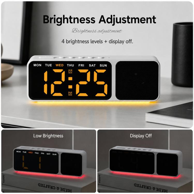 Sveglia digitale con altoparlante Bluetooth e luce notturna, ampio display a LED con data, regolazione della luminosità e doppia funzione snooze.