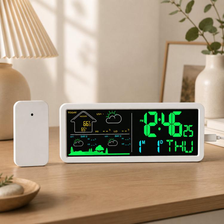 Orologio digitale da parete con stazione meteorologica wireless e sensore esterno, previsioni meteo locali e sveglia da comodino.